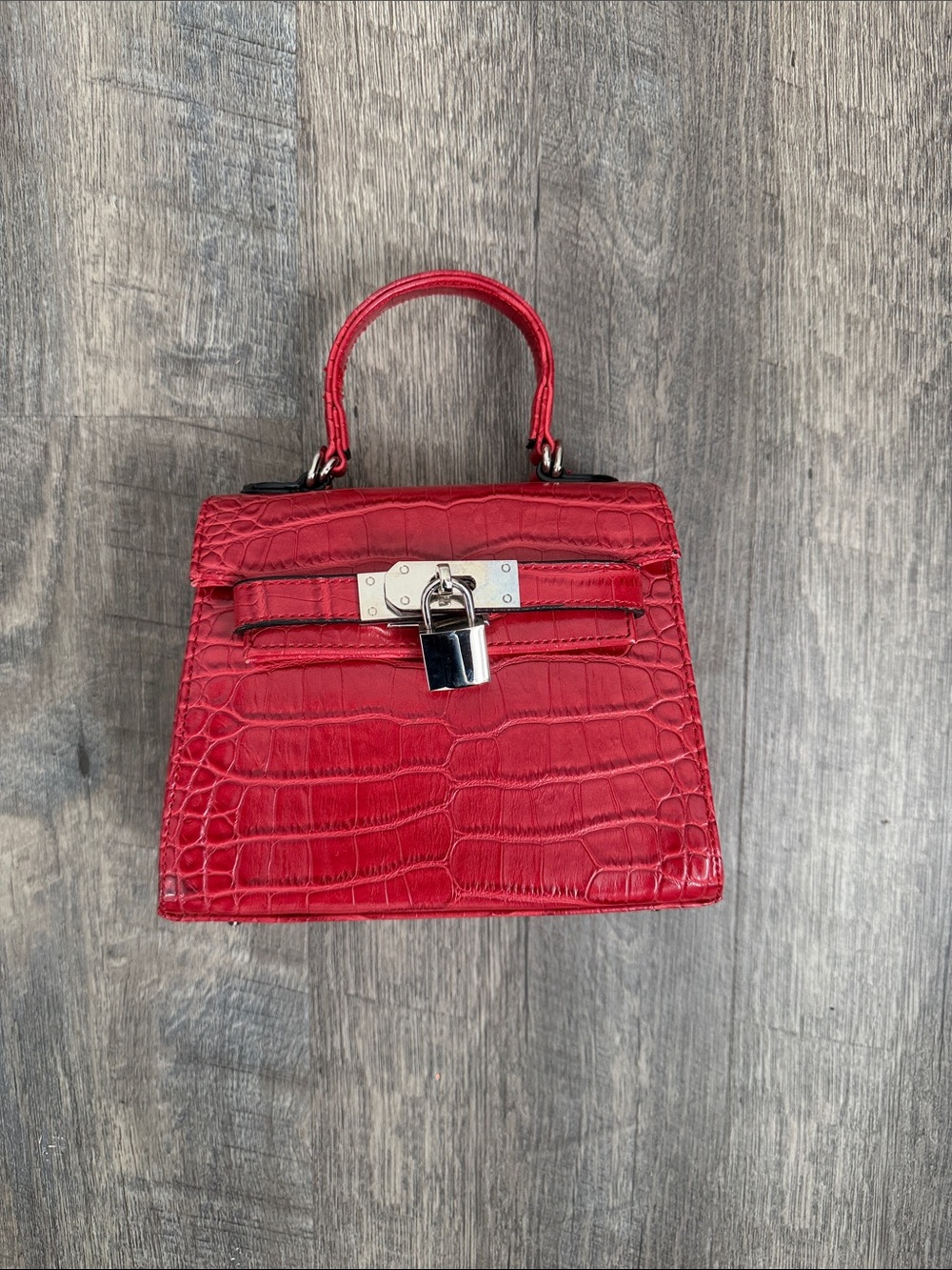 Red Croc Print Embossed Top Handle Bag with Silver Lock